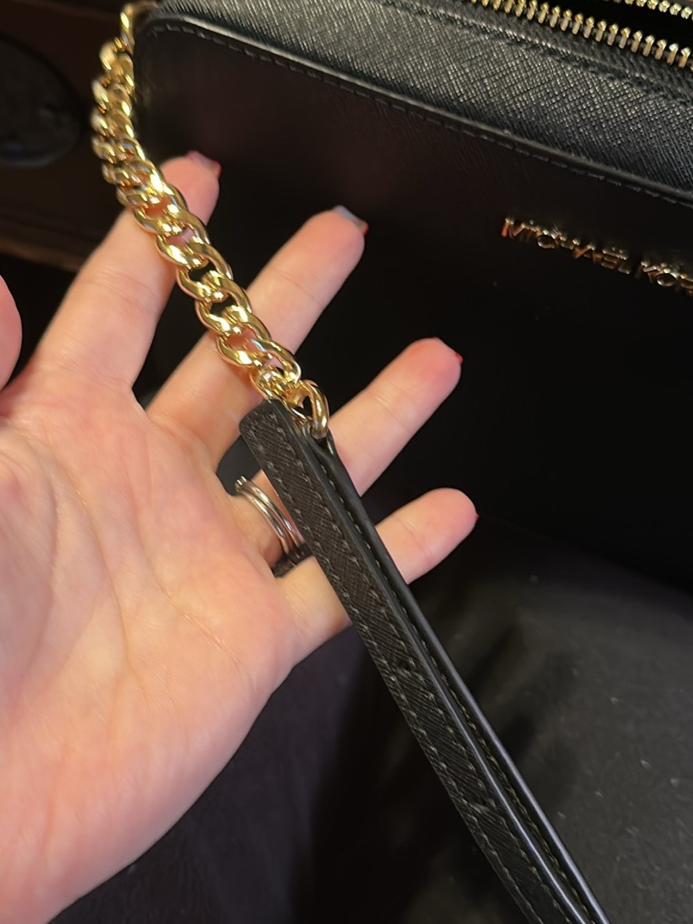 Michael Kors Black Leather Wristlet with Gold Chain Strap